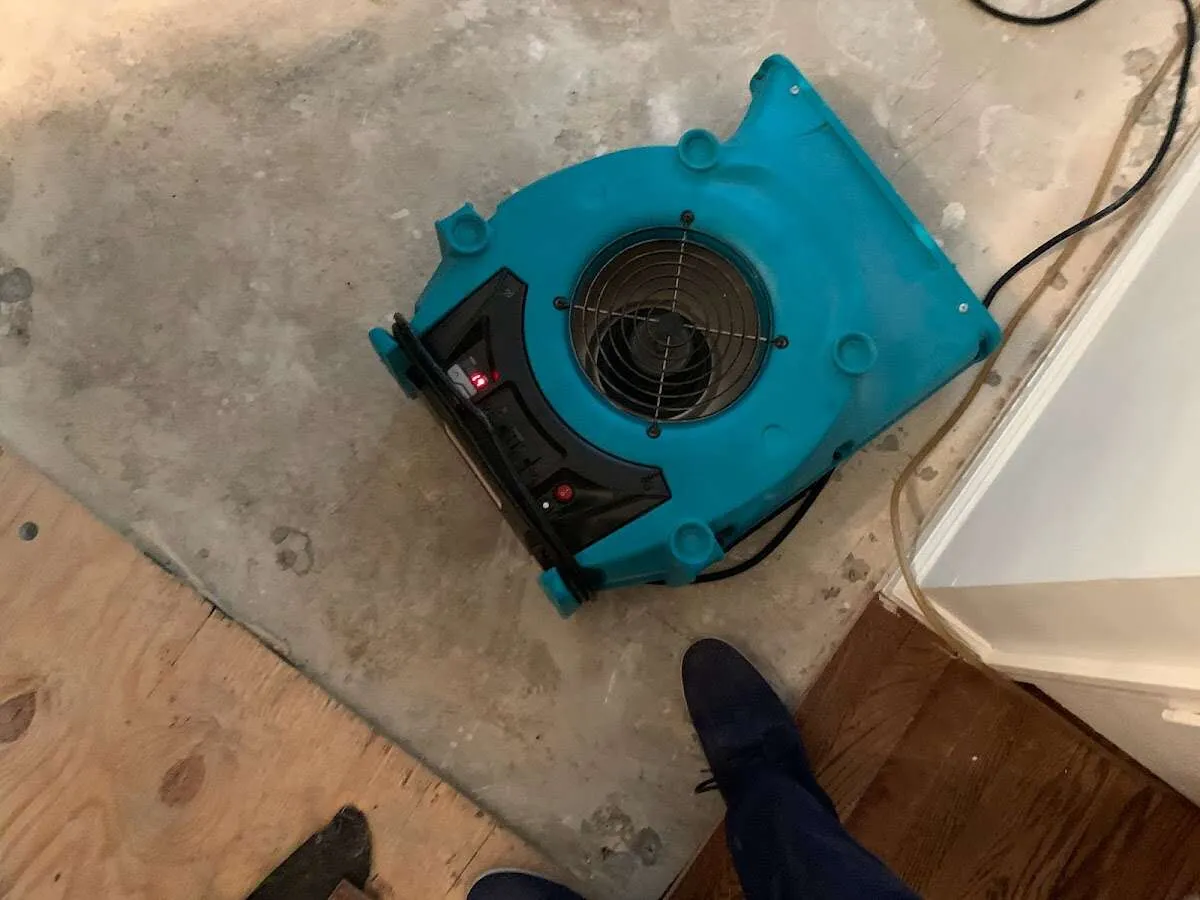 Air mover drying subfloor during Commercial Water Damage Restoration in Garfield